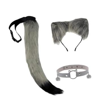 Imagem de Vaveren Conjunto de 3 peças de orelhas e rabo de gato, acessórios para fotos para baile de máscaras, fantasia de Natal, Cinza Preto