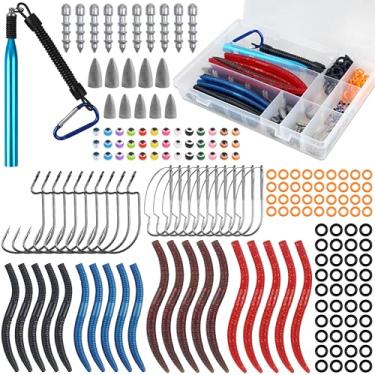 Imagem de Kit de 201 iscas de pesca Wacky Rig Worm com plástico macio, ferramenta de equipamento maluco iscas de borracha para minhocas, anéis, anzóis de baixo, pesos de unha, contas de bala, chumbadas para