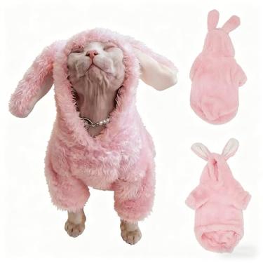 Imagem de SNIXFever Pijama com capuz elástico felino de 2 pernas para Sphynx, roupa de banho macia e fofa com orelhas de coelho, roupas de casa aconchegantes para gatos sem pelos, suéter quente de inverno (rosa