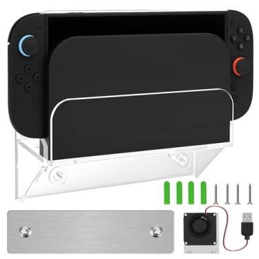 Imagem de Geekria Base de resfriamento de parede acrílica para Nintendo Switch 2/OLED com ventilador silencioso, opções de montagem de furadeira e adesivo, suporte vertical para economia de espaço (transparente
