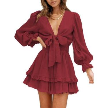 Imagem de Vestido AlvaQ Ruffle Mini Deep V com decote em V vermelho para mulhere