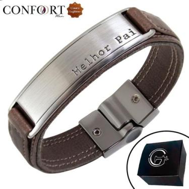 Imagem de Pulseira de Couro Magnética Masculina Melhor Pai Marrom Paizão - GRANA