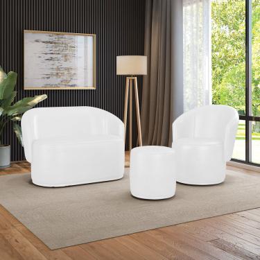 Imagem de Sofá Namoradeira com Poltrona e Puff Orgânico Sala Malu Sintético PU Branco M11 - D'Rossi