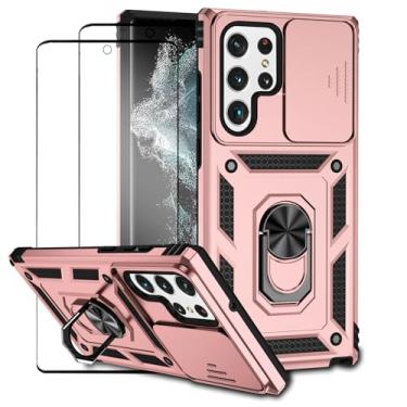 Imagem de Capa para Samsung Galaxy S22 Ultra Capinha | com 2 peças de protetor de tela temperado com janela deslizante da câmera e suporte para telefone incluídos - Rosa