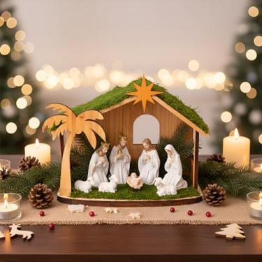 Imagem de Pinkunn Presépio de madeira de Natal 37 x 30 x 17 cm Presépio de madeira com simulação de grama de estrela de telhado, creche estável para decoração de mesa de Natal para ambientes internos