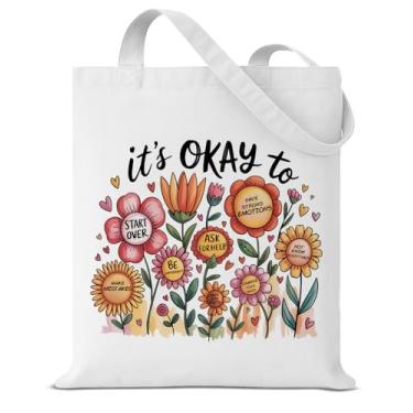 Imagem de Boho It's Okay to Motivational Tote Bag para mulheres, floral, inspiradora, estética, reutilizável, bolsa de ombro para compras, supermercado, trabalho, saúde mental, estética