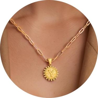 Imagem de Colar com pingente circular inicial A-Z, joia personalizada de aço inoxidável com bordas decorativas, adequado para mulheres, F, Aço inoxidável, Sem Pedra Preciosa