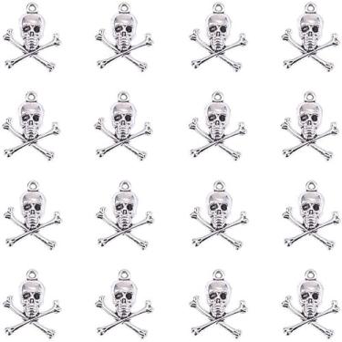 Imagem de Pingente de caveira estilo pirata, 20 peças, prata antiga, estilo tibetano, pingentes vintage de esqueleto, pingentes de Halloween para fazer joias, colar de pulseira faça você mesmo