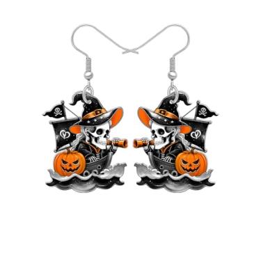 Imagem de Brincos pendentes de caveira de esqueleto pirata de acrílico, presentes de Halloween para mulheres, chapéu de bruxa gótico assustador de navio pirata abóbora peculiar joias de fantasia de férias