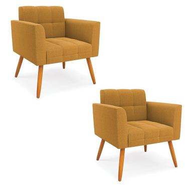 Imagem de Poltrona Sala Estar Pé Palito Castanho Kit 2 Elisa Bouclê Mostarda D03 - D'rossi