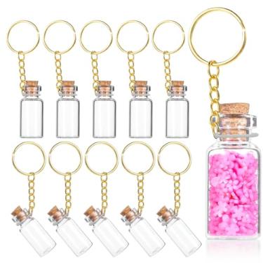 Imagem de XLIUAX Mini chaveiro de tempero, 10 peças de mini garrafas de vidro de 3 ml, porta-chaves, frasco de vidro pequeno, frascos de mensagem em miniatura com tampas de rolha para artesanato faça você mesmo