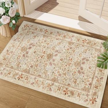 Imagem de DUKINO Tapete de entrada de 5 x 7 cm, tapete floral lavável com tapete antiderrapante para porta interna, tapete vintage baixo pequeno para cozinha, entrada, banheiro, quarto, bege