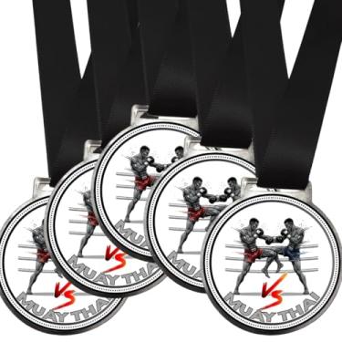 Imagem de Kit 5 Medalhas Para Muay Thai de Torneio de Luta Campeão Artes Marciais 50mm Com Fita Preta
