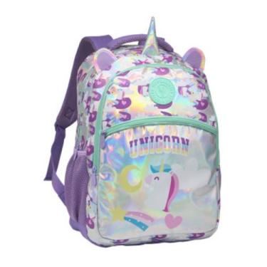 Imagem de Mochila Unicórnio de Costas Escolar 18 Holográfico Rainbow Feminina - 