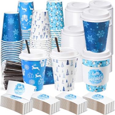 Imagem de Lallisa 100 conjuntos de copos de papel de café descartáveis de Natal a granel com tampas e canudos, 350 ml, flocos de neve azuis e brancos, xícaras de café para cacau quente e chá, suprimentos para