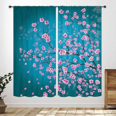 Imagem de Cortinas de flor de cerejeira, flores japonesas, azul, rosa, retrô, ramos de árvores, pintura tradicional asiática, cortinas de janela, tratamento para quarto, sala de estar, 53 cm L x 160 cm
