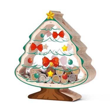 Imagem de Cofrinho de Natal de madeira para crianças, cofrinho de árvore de Natal com painéis de acrílico, caixa de dinheiro infantil inquebrável para meninos e meninas, cofre de moedas DIY com adesivo de carta