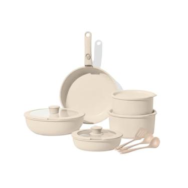 Imagem de Conjunto Premium de Panelas de Cerâmica BEGE, 10 Peças com Cabo Removível, Frigideira 26cm, Caçarolas 20-26cm, Panelas 16-20cm, Utensílios de Silicone, Tampa de Vidro