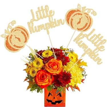 Imagem de Gyufise 12Pcs Little Pumpkin Centerpieces Sticks Double Sided Glitter Baby Feet Pumpkin Table Flower Centerpiece for Fall Theme Baby Shower Thanksgiving Halloween Party Supplies Gold
