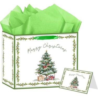 Imagem de Saco grande para presente de árvore de Natal, saco de presente de papel de Natal verde com cartão e papel de seda, decorações de festa de aniversário de inverno para casamento, férias, suprimentos de