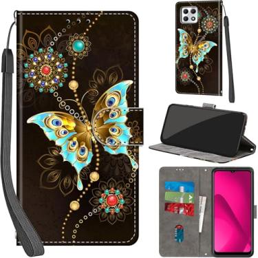 Imagem de Salanheo Capa carteira para T-Mobile Revvl 7 5G, com [3 compartimentos para cartões], fecho magnético com suporte, capa protetora flip de couro PU à prova de choque 16,7 cm, borboleta verde