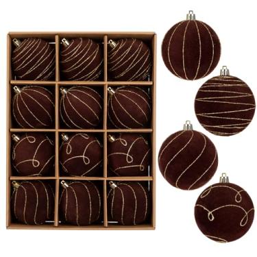 Imagem de Briful 12 peças de enfeites de bola de Natal de veludo de 8 cm – mistura de tons sólidos pintados e dourados (marrom escuro) – decorações de árvore de Natal inquebráveis