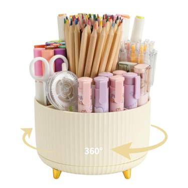 Imagem de Camelmother Suporte de caneta para mesa com 5 compartimentos, suporte giratório de 360° para maquiagem, material de professor, decoração de escritório (bege)
