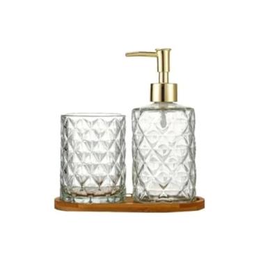 Imagem de KIT BANHEIRO 3 PECAS VIDRO, PLASTICO PP E BAMBU 18 CM X 17 CM X 8,5 CM