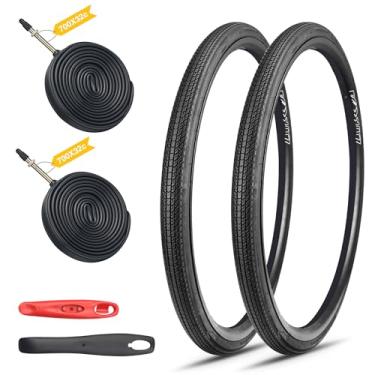 Imagem de GRELiving Conjunto de 2 pneus de bicicleta de estrada 700 x 28/32/35c, pneus dobráveis com válvula Presta FV48 tubos internos e alavanca de pneus, adequado para bicicletas de estrada, bicicletas