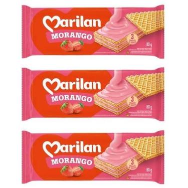 Imagem de Biscoito Wafer Camadas de Recheio de Morango Kit 3 Unid 80g - Marilan