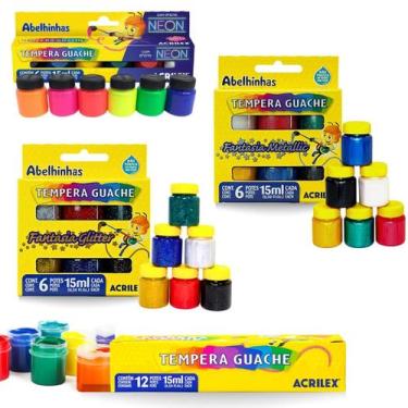 Imagem de Kit Tinta Guache Tempera 30 cores diferentes Acrilex Escolar Infantil 