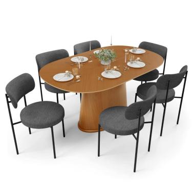 Imagem de Conjunto de Jantar Mesa Valência com 6 Cadeiras Louise L02 Tampo MDF Linho Cinza Escuro 180x100cm