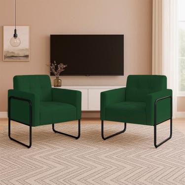 Imagem de Poltrona Sala Industrial Alta Tubo Preto Kit 2 Elisa Veludo D03 - D'rossi Cor Verde