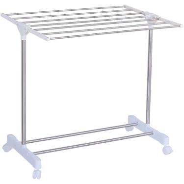 Imagem de Varal de Chão Dobrável em Aço e ABS, Branco, 70cm x 74cm, com Rodízios, Portátil para Ambientes Internos e Externos