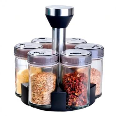 Imagem de Porta Condimentos Giratório, 6 Potes de Vidro, Preto com Madeira Natural, Metal, Moderno Industrial, Organizador para Cozinha, 30x35cm, Suporte de Mesa