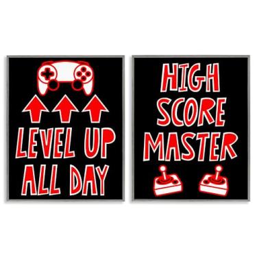 Imagem de Stupell Industries Level Up High Score Gamer Conjunto de arte giclée emoldurado cinza de 2 peças, design de Marcus Prime, 14 x 11