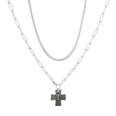 Imagem de MANZHEN Colar de cruz grossa para mulheres, pingente de cruz com inicial em camadas, vintage, clipe de papel, espinha de peixe, gargantilha de cobra, joia de fantasia, 18 Inches, Metal, Sem Pedra