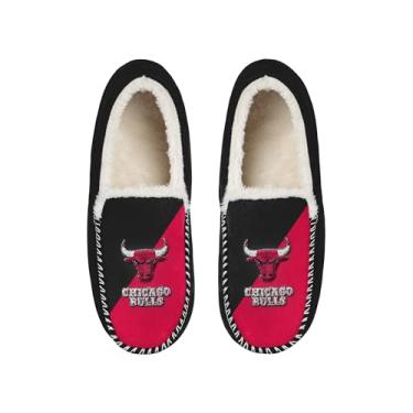 Imagem de FOCO NBA Pantufa mocassim unissex para adultos, oficialmente licenciada, com logotipo principal e forro de sherpa, Chicago Bulls, 13-14 Women/11-12 Men