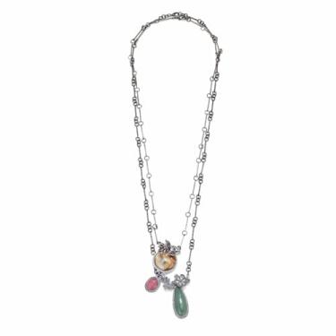 Imagem de LUREME Colar feminino vintage boho chique em camadas - estilo vintage longo com pingentes florais e coloridos em gota em prata antiga (nl006383)