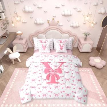 Imagem de Erosebridal Jogo de cama solteiro com letra Y com estampa de coração e laço rosa, 7 peças, para crianças, meninos e meninas, conjunto de lençol com edredom