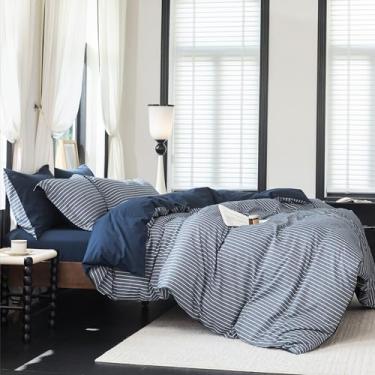 Imagem de Warm Moment Conjunto de capa de edredom reversível, 100% algodão lavado, listrado, azul, sensação de linho, tamanho queen extragrande, com fecho de zíper e 2 fronhas, azul marinho/branco, marinho