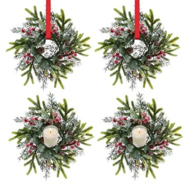 Imagem de Tupetcs Pacote com 4 mini guirlandas de Natal, decorações de guirlanda de Natal pequena de 25 cm para casa, porta da frente, varanda, mesa, centros de mesa, anéis de vela, armários de janela