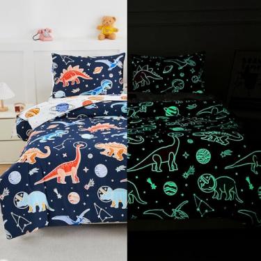 Imagem de NTBED Jogo de cama infantil de dinossauro, tamanho casal, 5 peças, para meninos e meninas, planeta espacial que brilha no escuro com lençol