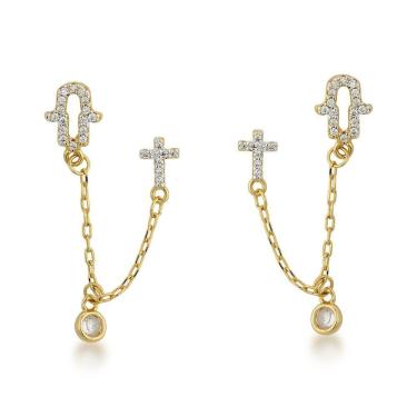 Imagem de Brinco Duplo Mão De Mida E Cruz Banhada A Ouro 18k
