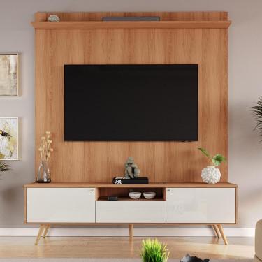 Imagem de Rack Com Painel Sevilla - Mdp Efeito Ripado 3d Jequitibá-off White - Lukaliam Móveis