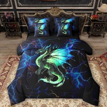 Imagem de Feelyou Jogo de cama solteiro com desenho animado de dragão, 7 peças, para meninos e meninas, com edredom, fronhas, lençol de cima, lençol com elástico e capa de almofada