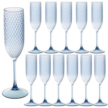 Imagem de Pacote com 12 taças de champanhe de plástico azul mimosa taças de champanhe inquebráveis copos de brinde de casamento copos de diamante reutilizáveis de 156 g copos de vinho copos vintage para