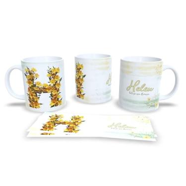 Imagem de Caneca Personalizada com Design Floral, Cerâmica Branca, Decoração em Amarelo e Verde, Estilo Elegante com Texto 'Alice beleza que floresce' (h)