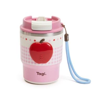 Imagem de Tagi. Imagine copo de maçã de 350 ml com canudo dobrável, garrafa de água isolada de aço inoxidável 316L, à prova de vazamento, cabe no suporte de copo (maçã morango)