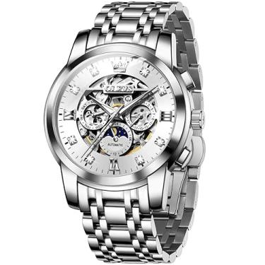 Imagem de Relógio masculino automático de esqueleto de luxo com diamantes, mecânico, de aço inoxidável, à prova d'água, fase da lua e luminoso, prata e branco